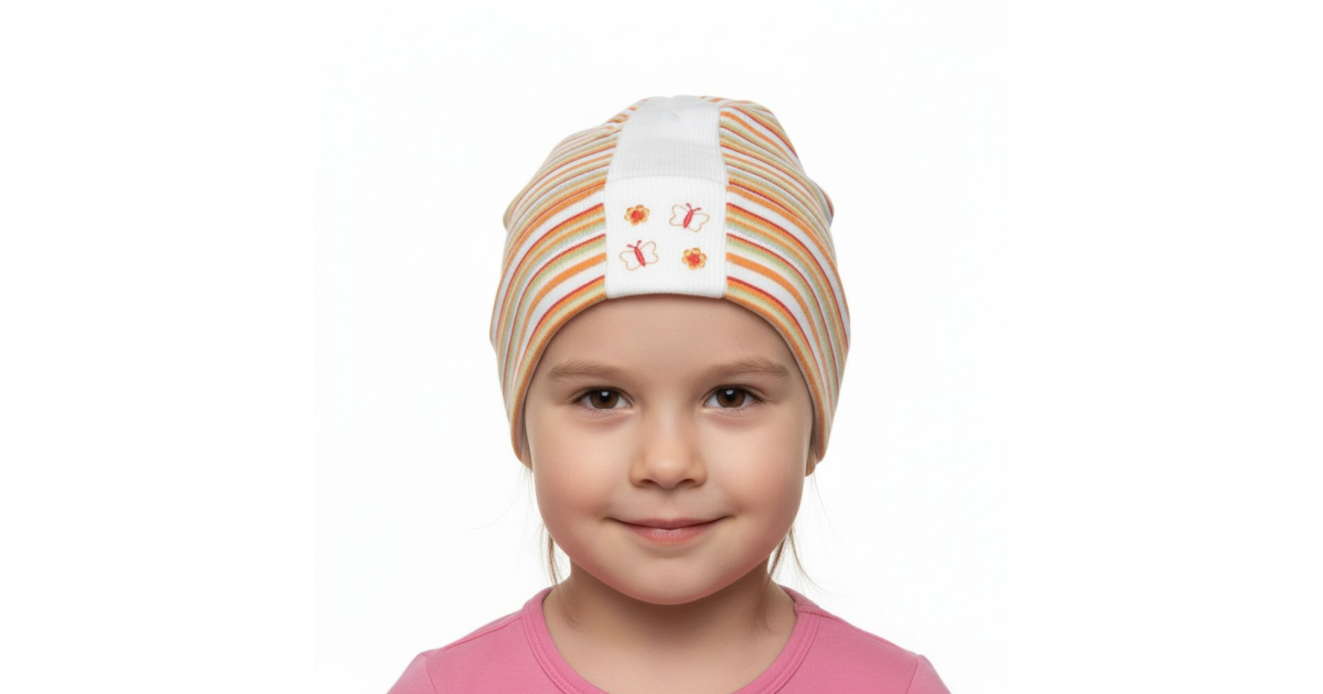 Dívčí jarní čepice proužek motýlek  vel.50 - 52