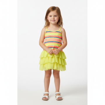 Dívčí letní šaty s neonovými proužky a šifónovými volánky