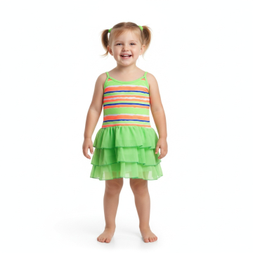 Dívčí letní šaty s neonovými proužky a šifónovými volánky