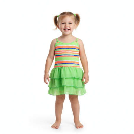 Dívčí letní šaty s neonovými proužky a šifónovými volánky
