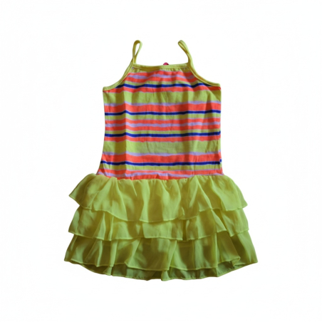 Dívčí letní šaty s neonovými proužky a šifónovými volánky