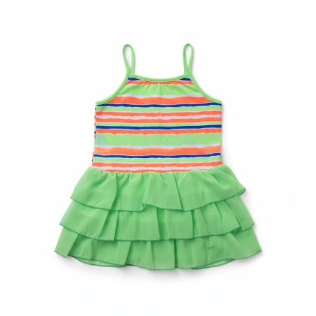 Dívčí letní šaty s neonovými proužky a šifónovými volánky