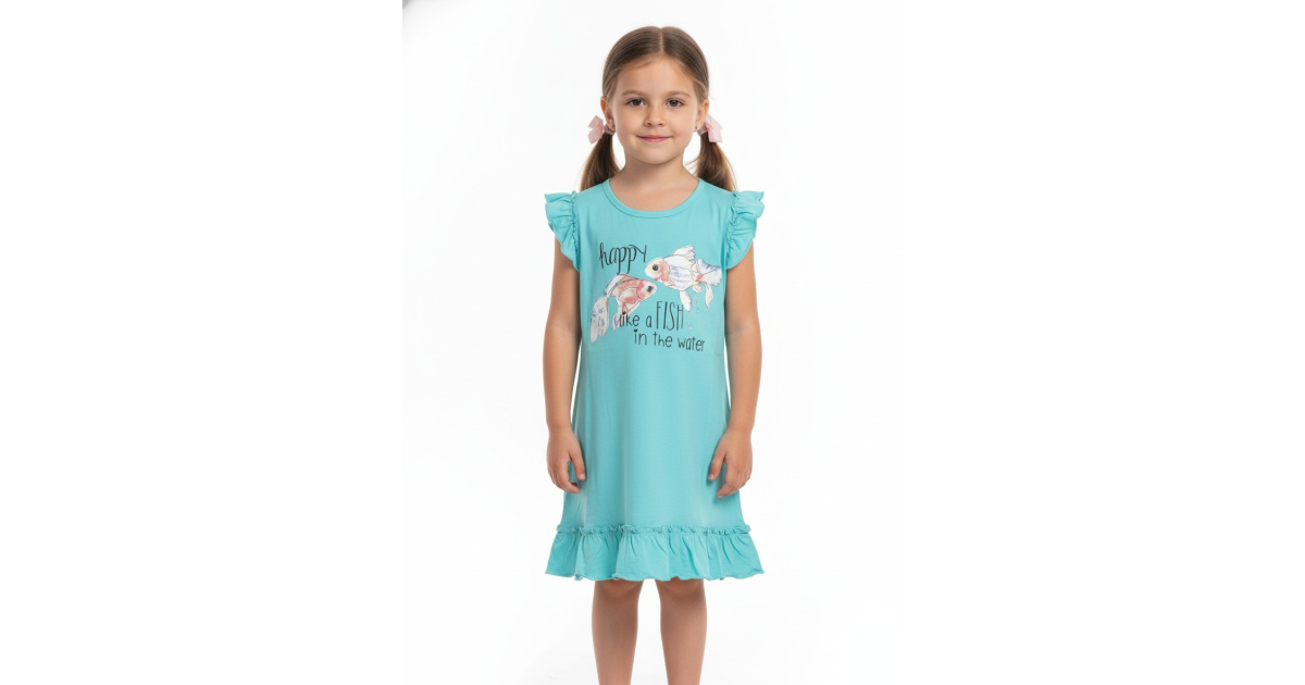 Dívčí bavlněná noční košilka s rybičkou a volánky