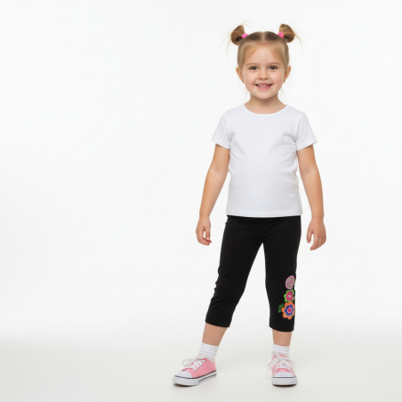 Dívčí 3/4 legíny bavlněné s kytičkami – pohodlné legínky s gumou v pase