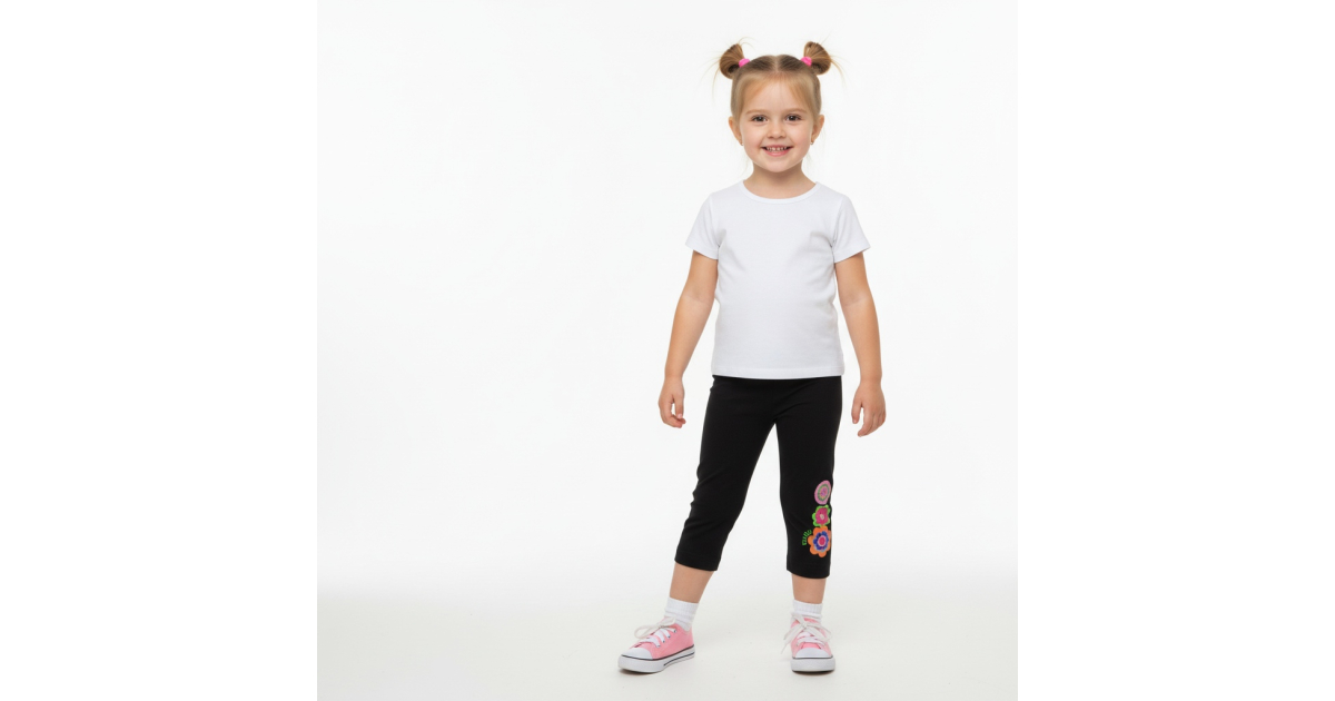 Dívčí 3/4 legíny bavlněné s kytičkami – pohodlné legínky s gumou v pase