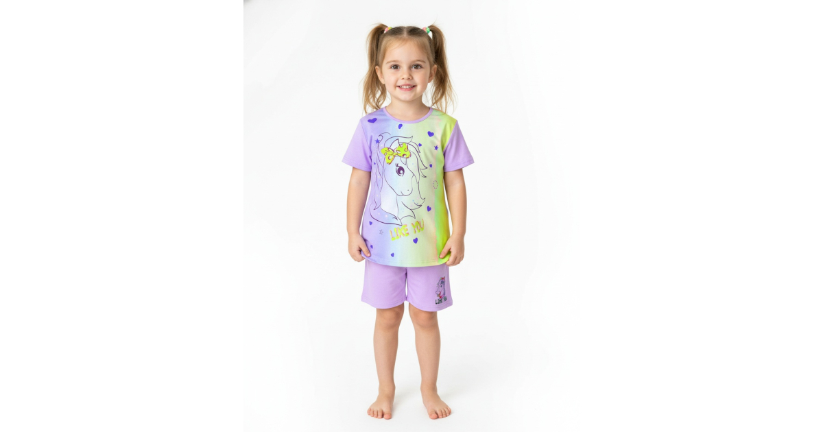 Dívčí letní pyžamo s jednorožcem - krátký rukáv + kraťasy