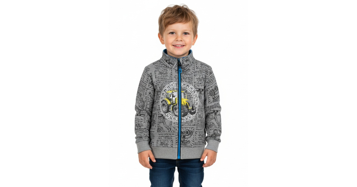 Chlapecká mikina s traktorem | Bavlněná, zip, komiksový vzor