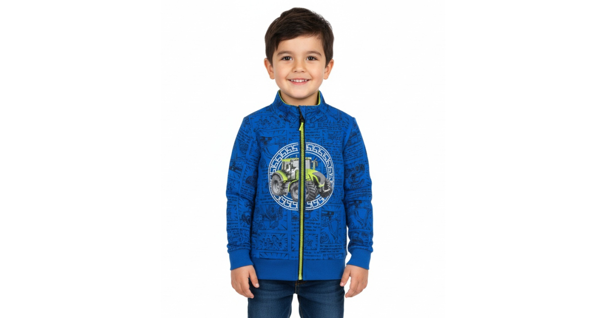 Chlapecká mikina s traktorem | Bavlněná, zip, komiksový vzor