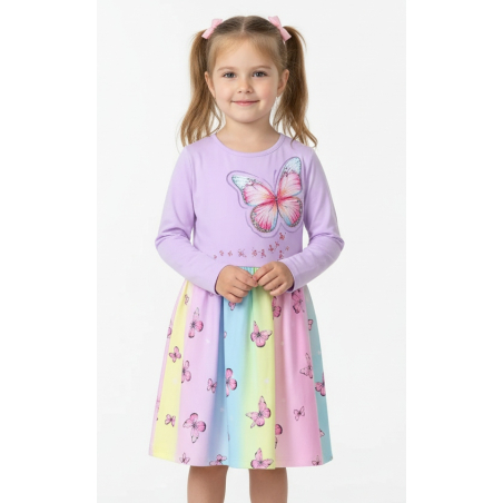 Dívčí šaty s dlouhým rukávem – duhové barvy s motýlky 🦋