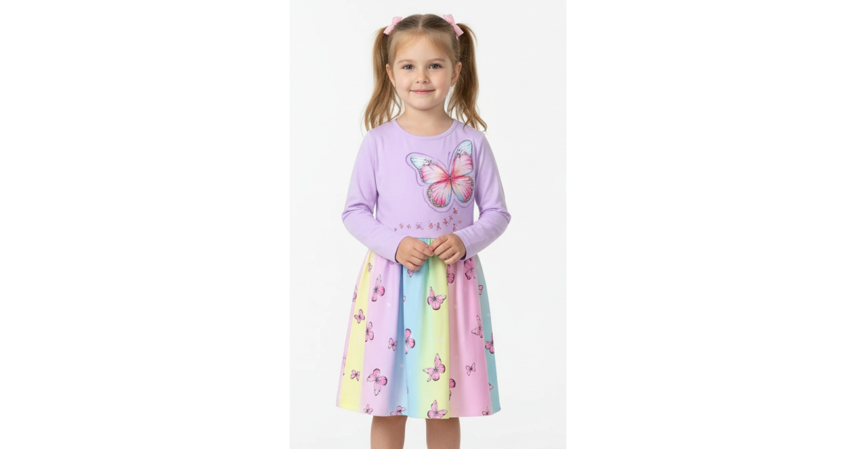 Dívčí šaty s dlouhým rukávem – duhové barvy s motýlky 🦋