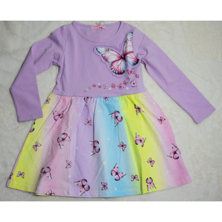 Dívčí šaty s dlouhým rukávem – duhové barvy s motýlky 🦋