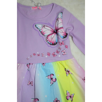 Dívčí šaty s dlouhým rukávem – duhové barvy s motýlky 🦋