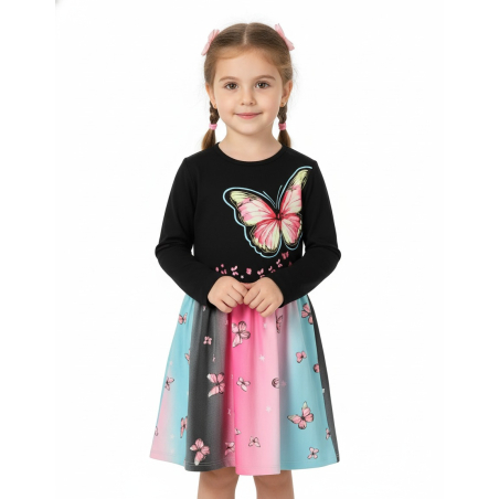 Dívčí šaty s dlouhým rukávem – duhové barvy s motýlky 🦋