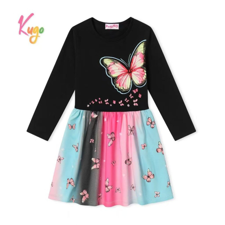Dívčí šaty s dlouhým rukávem – duhové barvy s motýlky 🦋