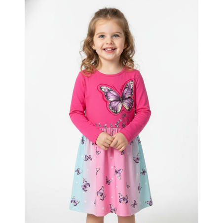 Dívčí šaty s dlouhým rukávem – duhové barvy s motýlky 🦋