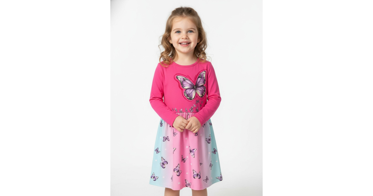 Dívčí šaty s dlouhým rukávem – duhové barvy s motýlky 🦋