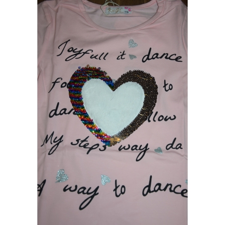 Dívčí tričko dlouhý rukáv srdíčko s flitry Kugo -lososová