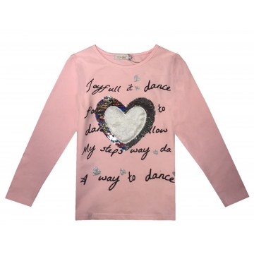 Dívčí tričko dlouhý rukáv srdíčko s flitry Kugo -lososová