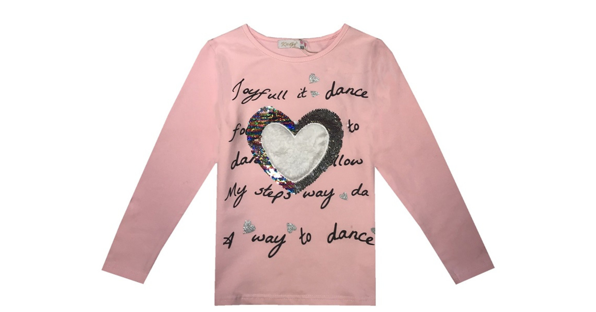 Dívčí tričko dlouhý rukáv srdíčko s flitry Kugo -lososová