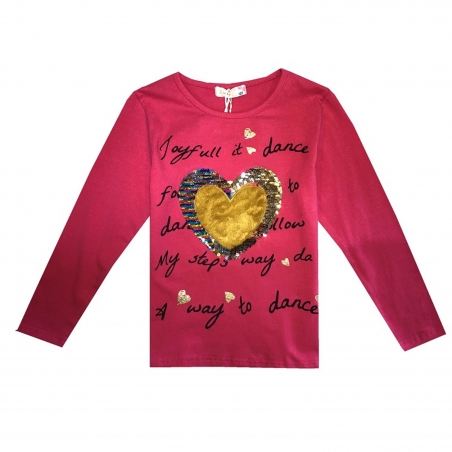 Dívčí tričko dlouhý rukáv srdíčko s flitry Kugo - tm.růžové