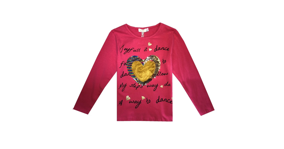 Dívčí tričko dlouhý rukáv srdíčko s flitry Kugo - tm.růžové