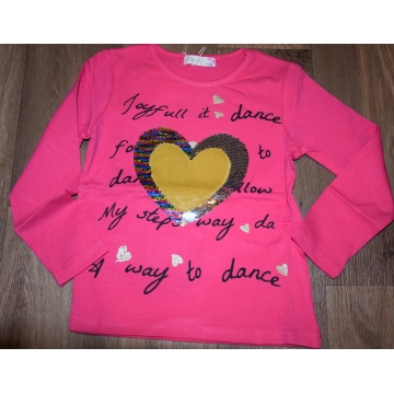 Dívčí tričko dlouhý rukáv srdíčko s flitry Kugo - tm.růžové
