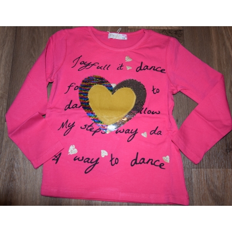 Dívčí tričko dlouhý rukáv srdíčko s flitry Kugo - tm.růžové