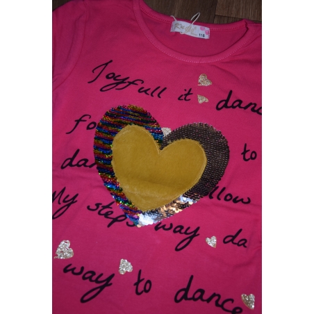 Dívčí tričko dlouhý rukáv srdíčko s flitry Kugo - tm.růžové