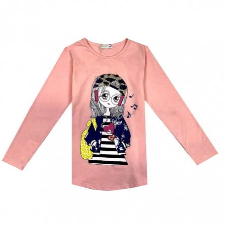 Dívčí tričko s flitry dlouhý rukáv dívka se sluchátky, růžová