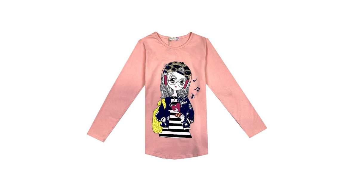 Dívčí tričko s flitry dlouhý rukáv dívka se sluchátky, růžová