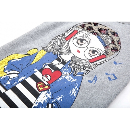 Dívčí tričko s flitry dlouhý rukáv dívka se sluchátky, růžová