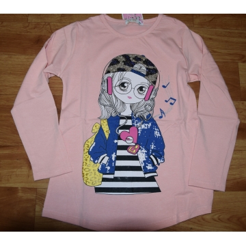 Dívčí tričko s flitry dlouhý rukáv dívka se sluchátky, růžová