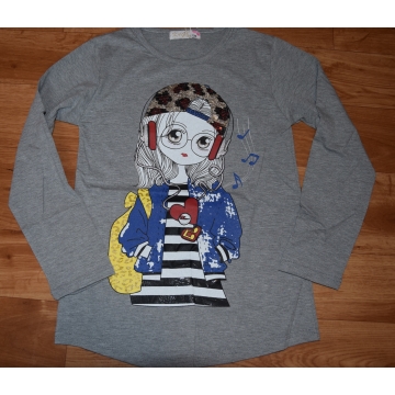 Dívčí tričko s flitry dlouhý rukáv dívka se sluchátky, šedá