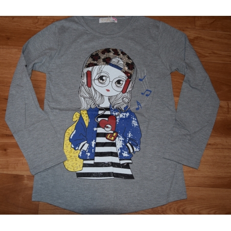 Dívčí tričko s flitry dlouhý rukáv dívka se sluchátky, šedá