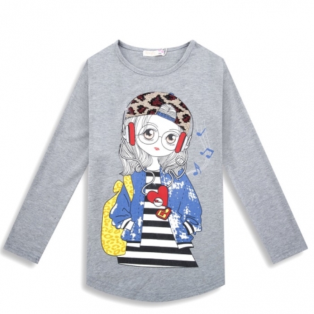 Dívčí tričko s flitry dlouhý rukáv dívka se sluchátky, šedá