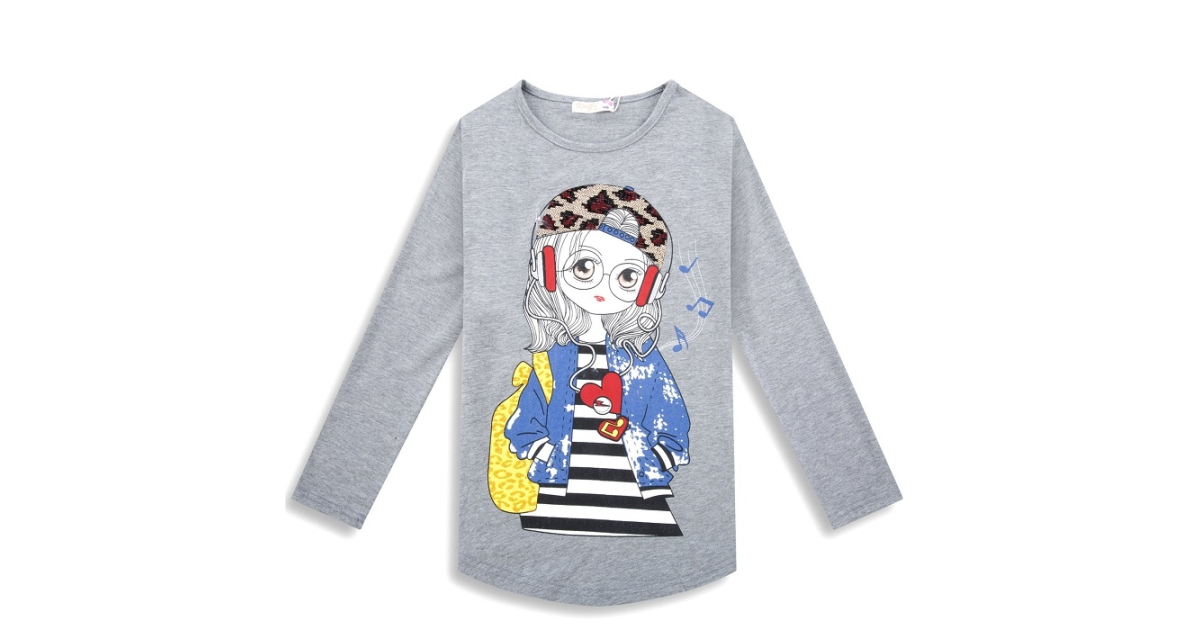 Dívčí tričko s flitry dlouhý rukáv dívka se sluchátky, šedá