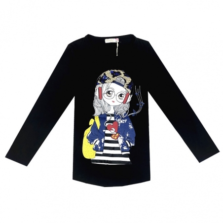Dívčí tričko dlouhý rukáv holka flitry  - černá