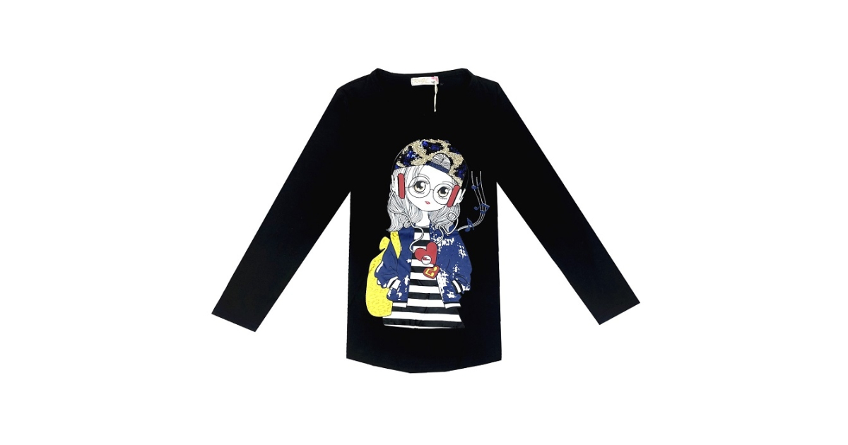 Dívčí tričko dlouhý rukáv holka flitry  - černá