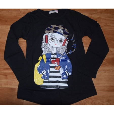 Dívčí tričko dlouhý rukáv holka flitry  - černá