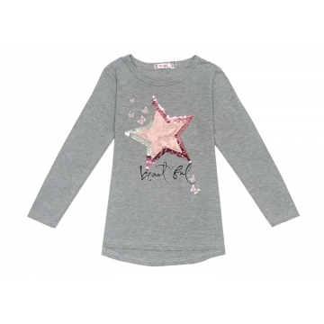 Dívčí triko tunika dlouhý rukáv hvězda, flitry  šedá