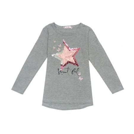 Dívčí triko tunika dlouhý rukáv hvězda, flitry  šedá