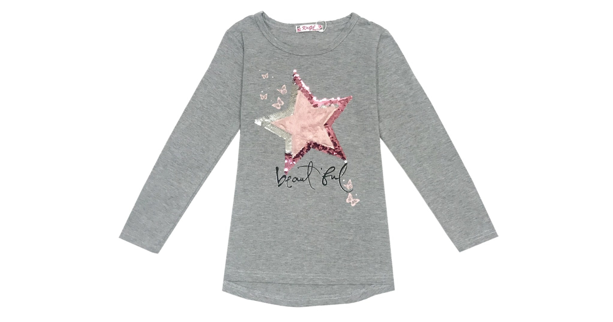 Dívčí triko tunika dlouhý rukáv hvězda, flitry  šedá