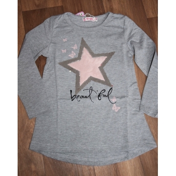 Dívčí triko tunika dlouhý rukáv hvězda, flitry  šedá