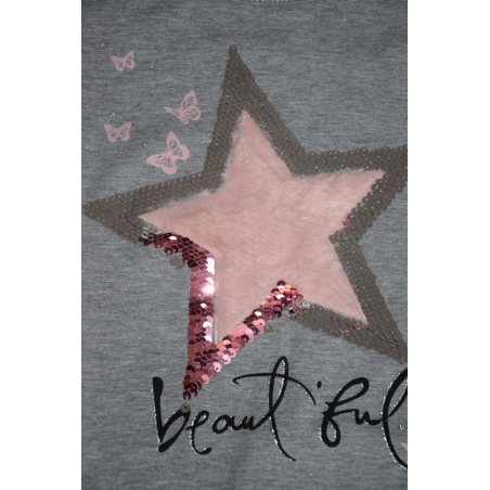 Dívčí triko tunika dlouhý rukáv hvězda, flitry  šedá