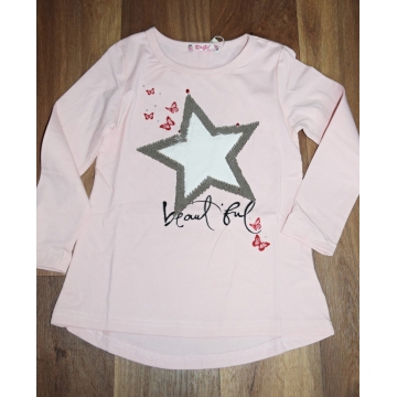 Dívčí triko tunika dlouhý rukáv hvězda, flitry růžová