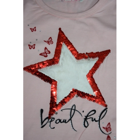 Dívčí triko tunika dlouhý rukáv hvězda, flitry růžová