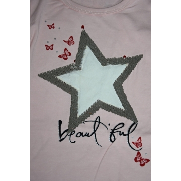 Dívčí triko tunika dlouhý rukáv hvězda, flitry růžová