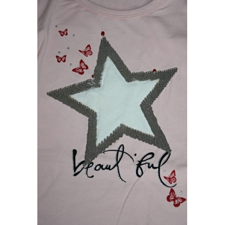 Dívčí triko tunika dlouhý rukáv hvězda, flitry růžová