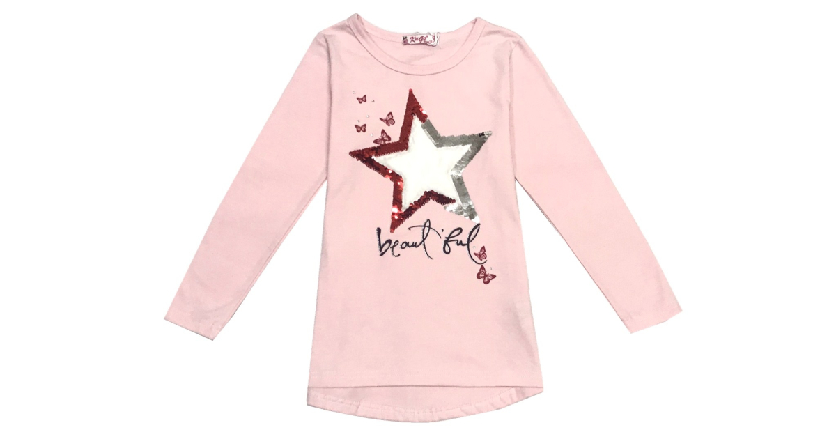 Dívčí triko tunika dlouhý rukáv hvězda, flitry růžová