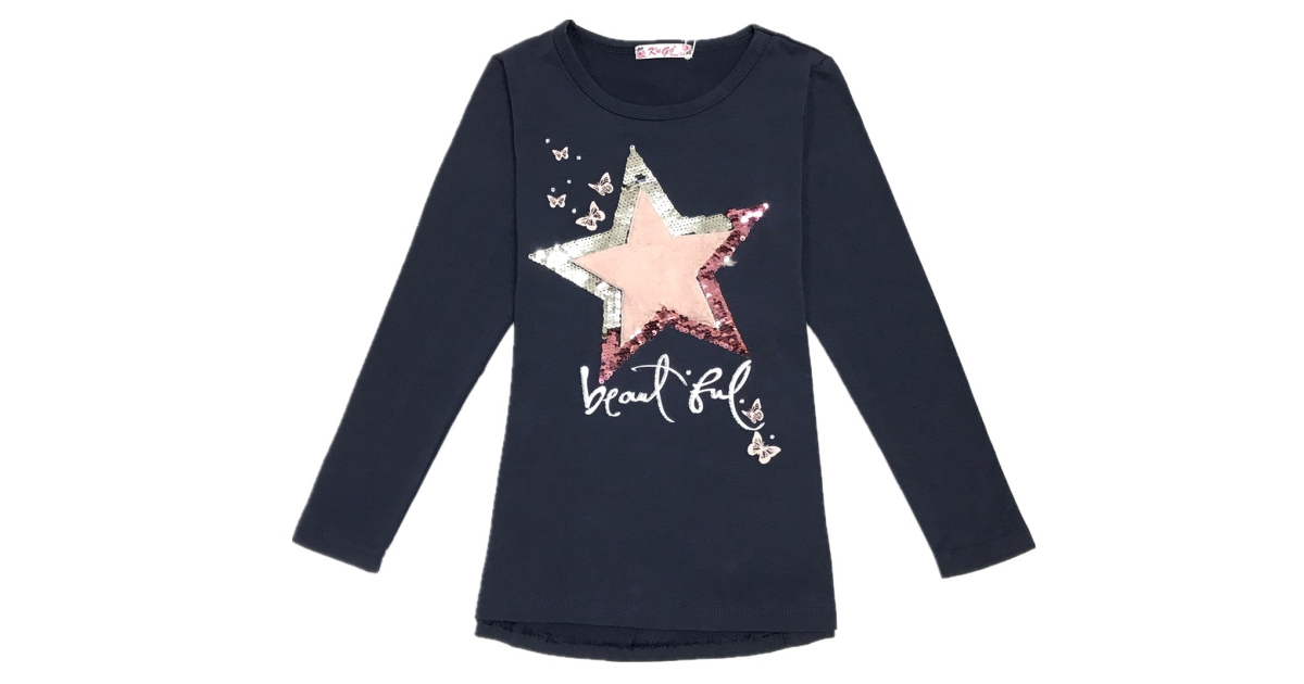 Dívčí triko tunika dlouhý rukáv hvězda - flitry tm.modrá